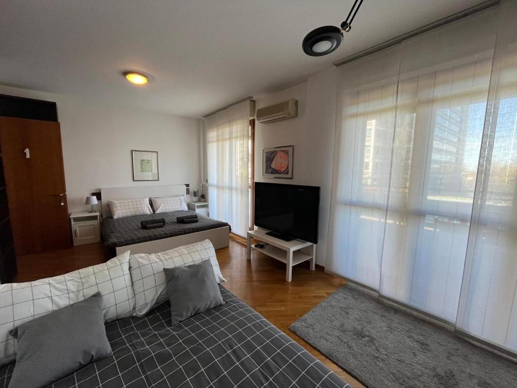salon z kanapą i telewizorem w obiekcie BedandBreakfast Eni Torri Lombarde San Donato BBqueen w mieście San Donato Milanese