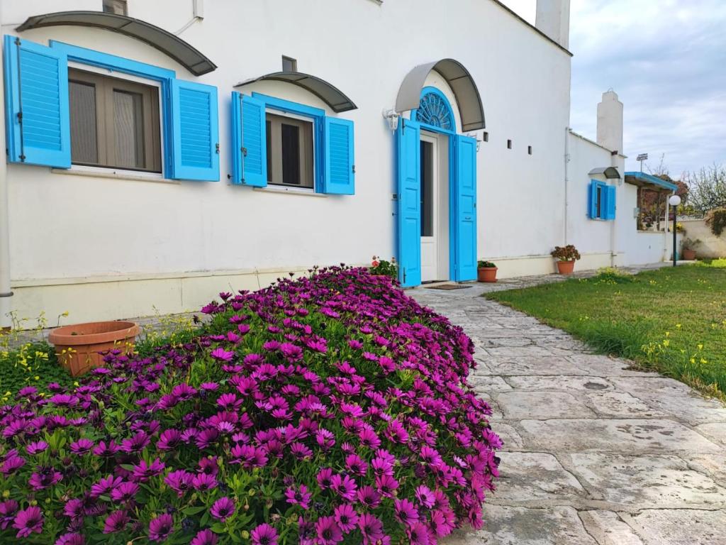 una casa con persianas azules y flores delante de ella en Villino Tronchetto Bianco, en Mola di Bari