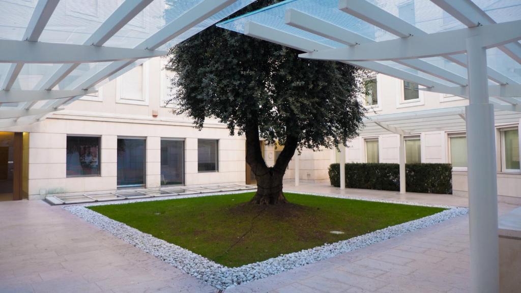 a tree in the middle of a courtyard at Stylish Mini in the Heart of Milano in Milan