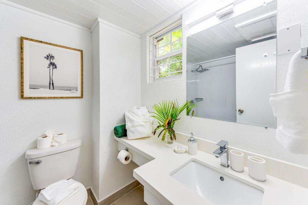 a white bathroom with a toilet and a sink at The Palms Resort in Saint James