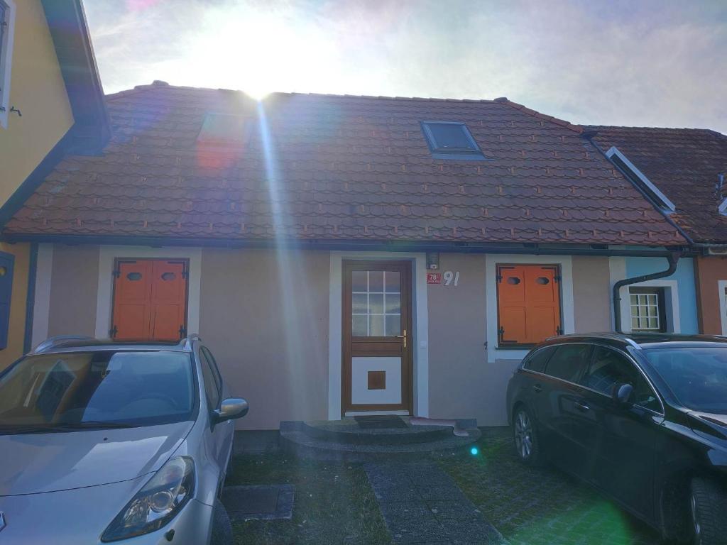 a house with two cars parked in front of it at Dovč Family Vacation House in Brežice