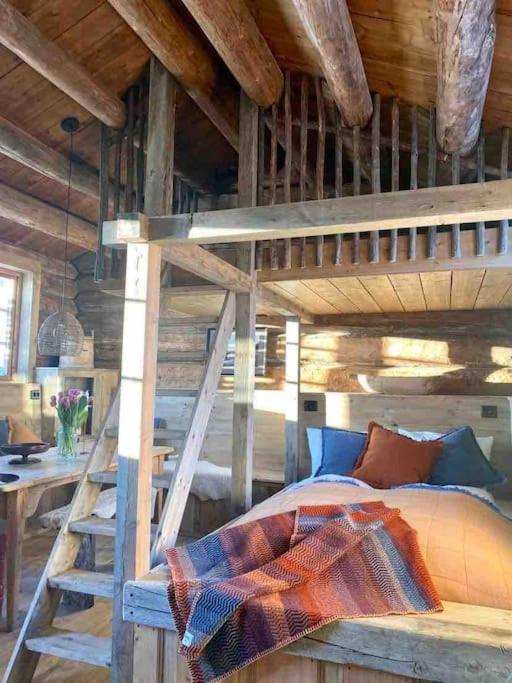 SkjåkにあるSauefjøset - Idyllisk gardstun fra 1800-talletのキャビン内の二段ベッド1台が備わるベッドルーム1室を利用します。