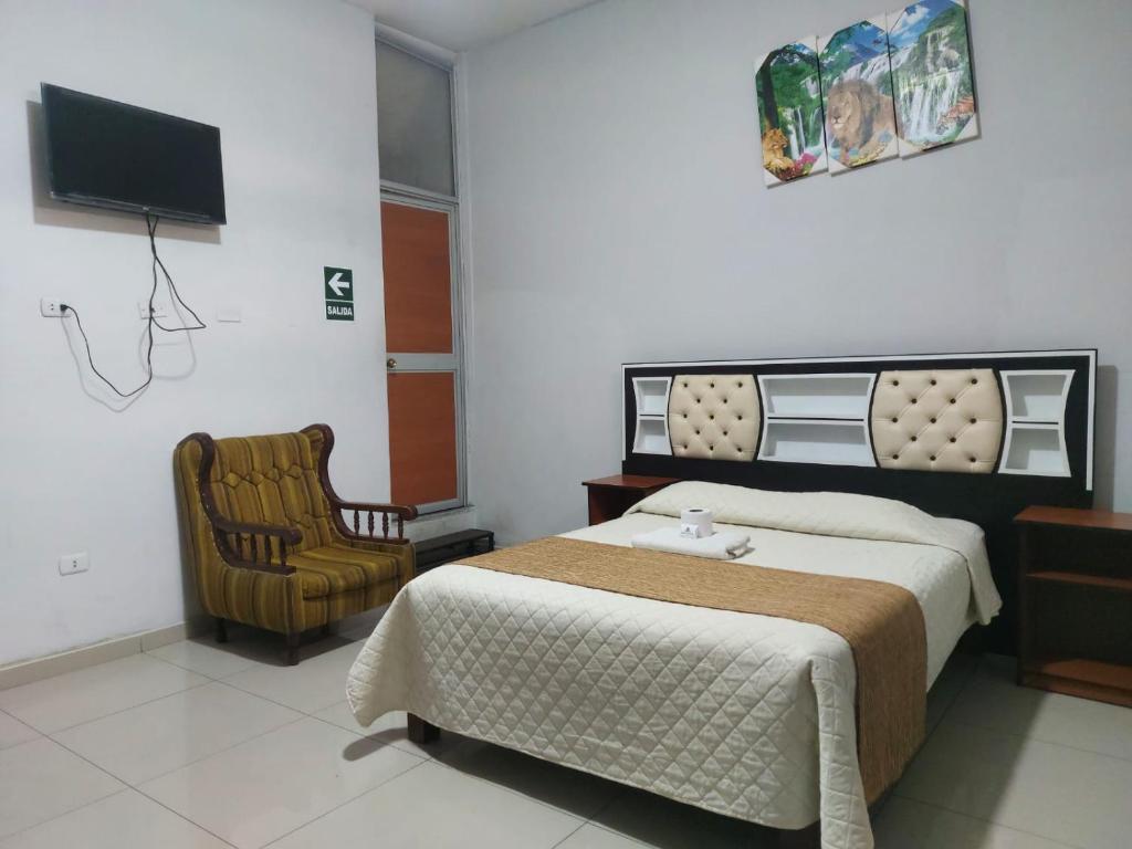 1 dormitorio con 1 cama, 1 silla y TV en HOSTAL espinoza, en Arequipa