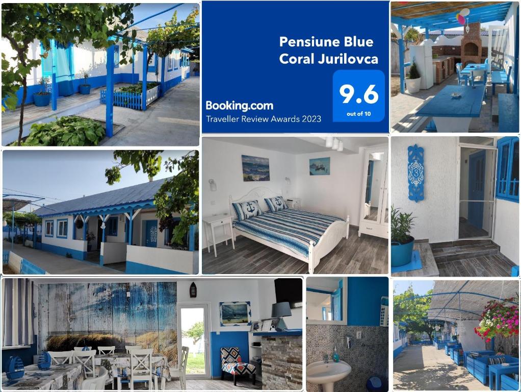 un collage d'images de condos bleus dans l'établissement Pensiune Blue Coral Jurilovca, à Jurilovca