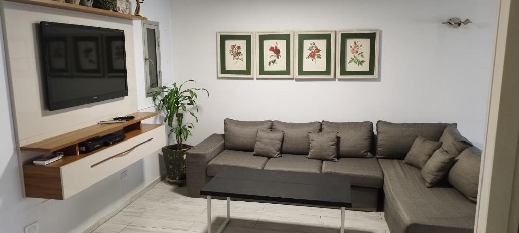 uma sala de estar com um sofá e uma televisão de ecrã plano em Semipiso 3 Dormitorios 2 Baños Nueva Córdoba em Córdoba