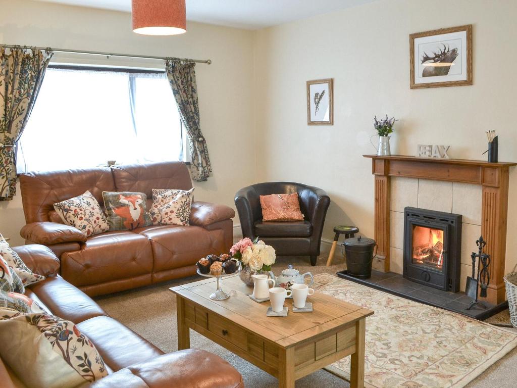 a living room with a leather couch and a fireplace at Thistle Dee in Wooler