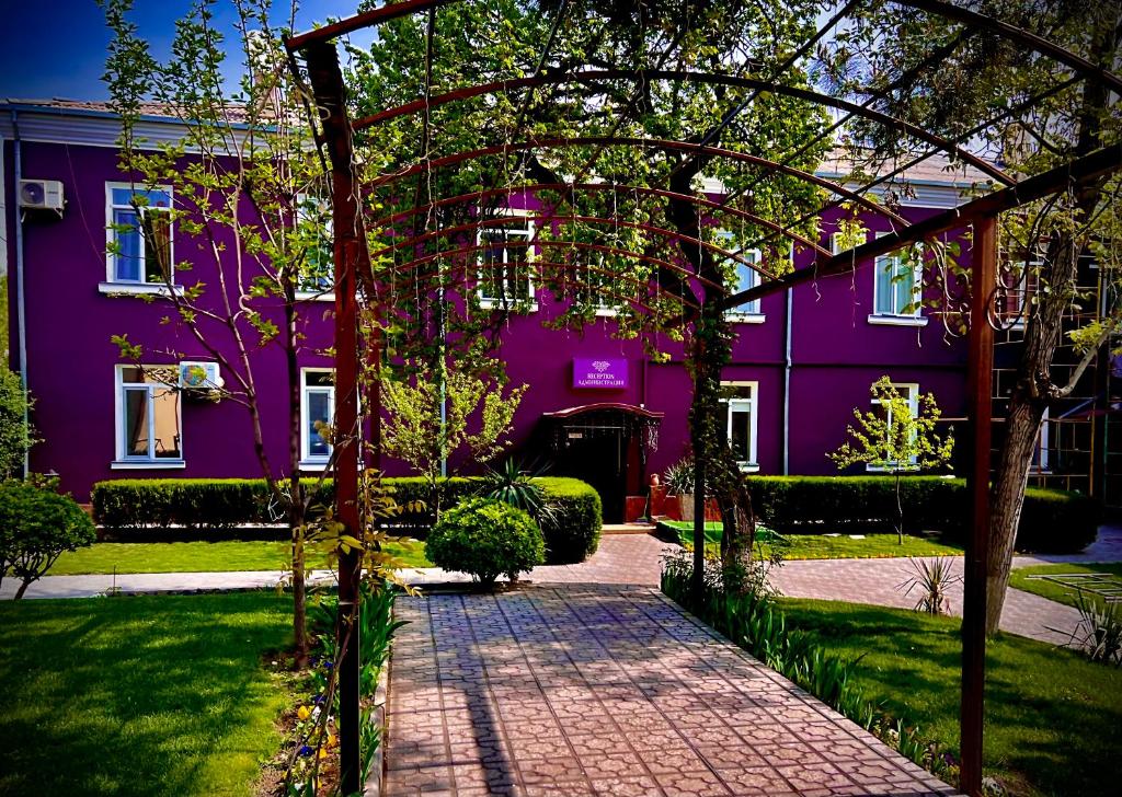 苦盞的住宿－阿蒙公寓式酒店，紫色房子前面有一条小路