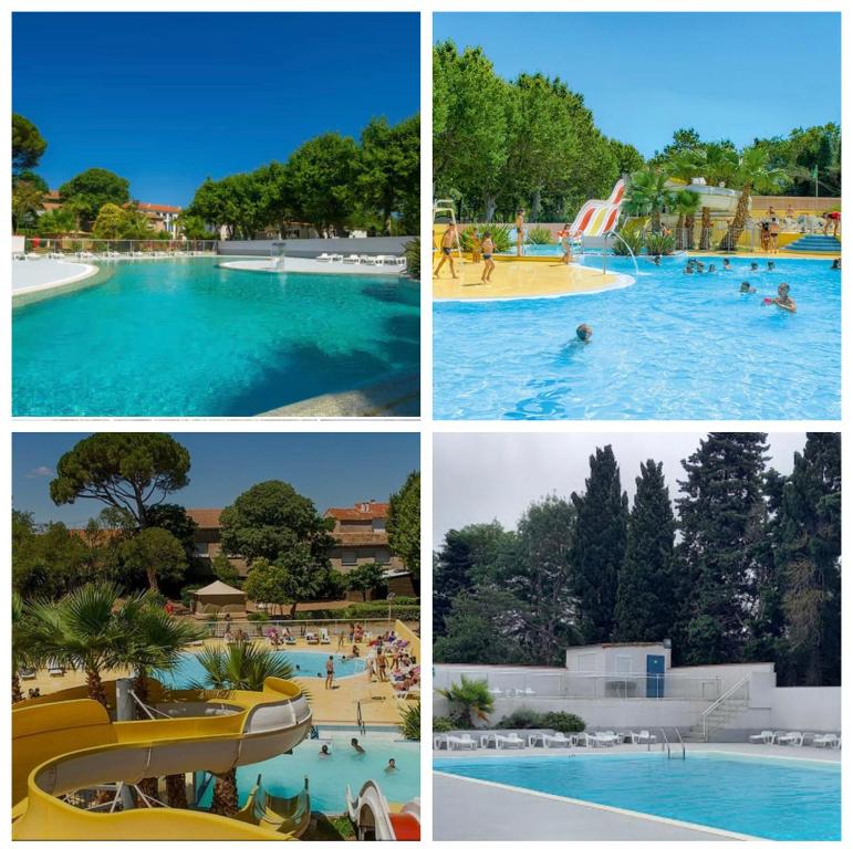 a collage of four pictures of a water park at Camping Sept Fonts Agde in Agde