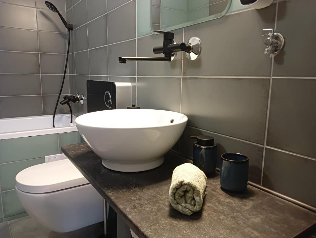 a bathroom with a white sink and a toilet at Apartmán Hybešova2 in Brno