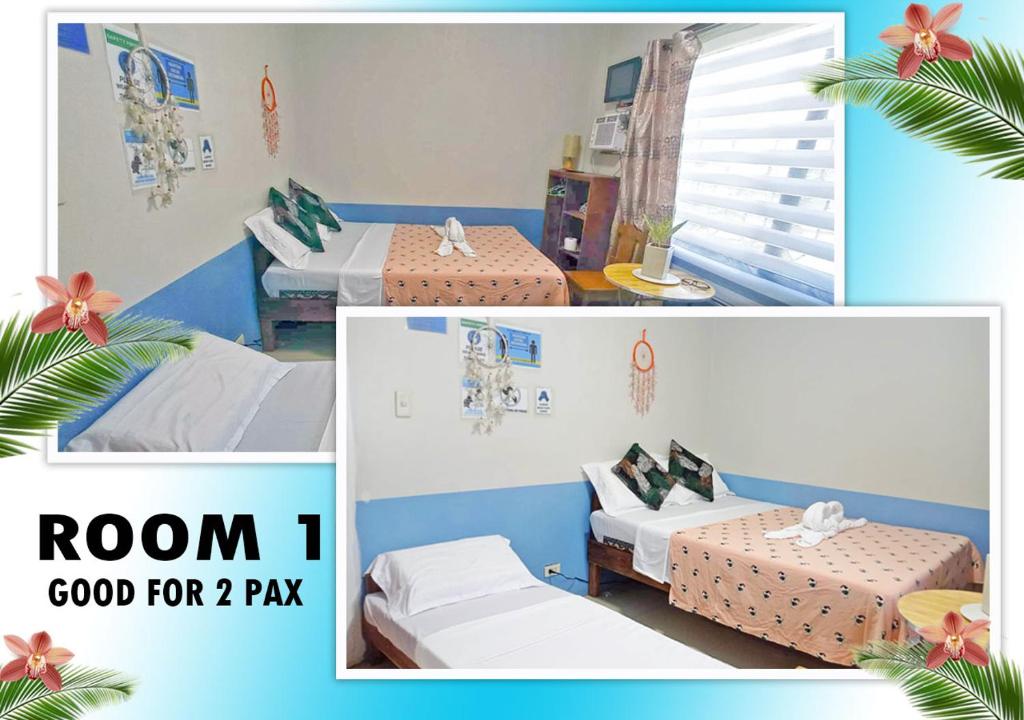 um quarto com duas camas e um quarto com uma boa em Isla Haruhay em Dapa