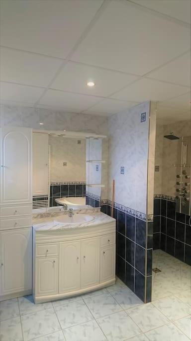 a large bathroom with a sink and a mirror at Au Coeur du Jura, Logement au calme in Champagnole