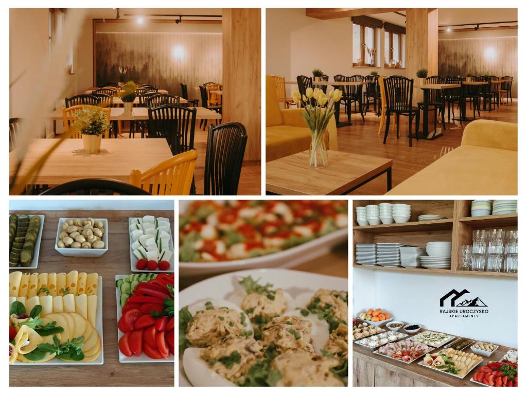 a collage of photos of a restaurant with plates of food at Rajskie Uroczysko Apartamenty Jacuzzi Sauna in Rajskie Sakowczyk