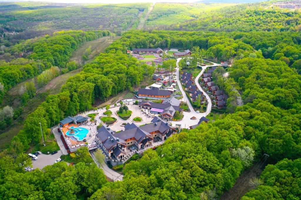 an aerial view of a mansion in the middle of a forest at Avalon Resort & SPA in Miskolctapolca