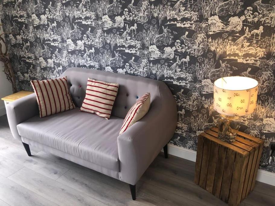 a couch sitting in a living room with a lamp at Loughor Annnex, Llangennech , Wales in Llangennech