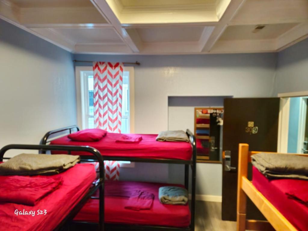 a room with two bunk beds and a window at European Hostel in San Francisco