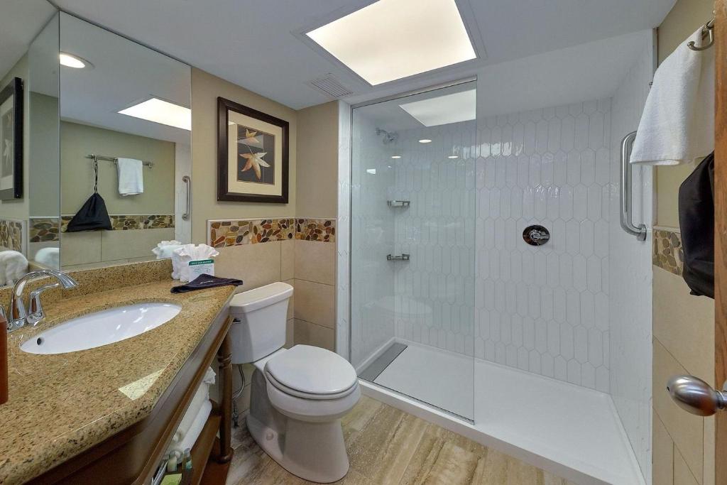 a bathroom with a shower and a toilet and a sink at The Inn On The River in Pigeon Forge