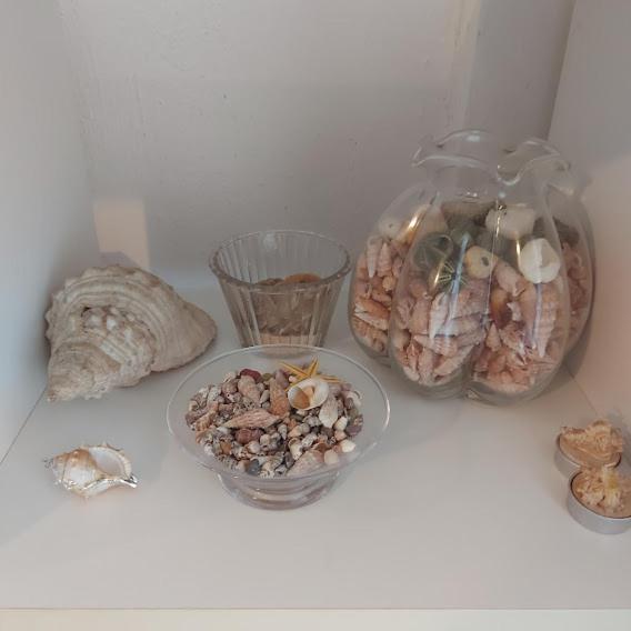 a table with some shells and a bowl of rocks at In Vacanza a Gaeta - MariNella in Gaeta