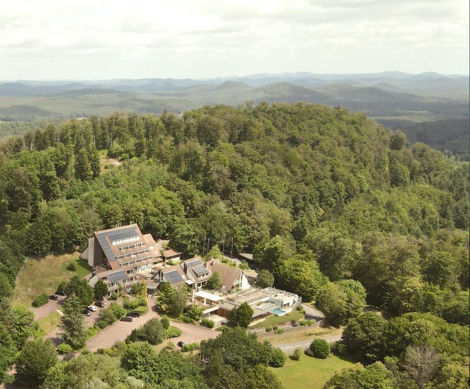 an aerial view of a building in the middle of a forest at La Clairière bio & spahotel in La Petite-Pierre
