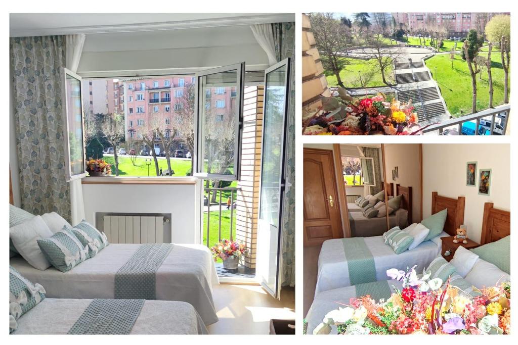 three pictures of a hotel room with two beds and a balcony at El Balcón del Campillín in Oviedo