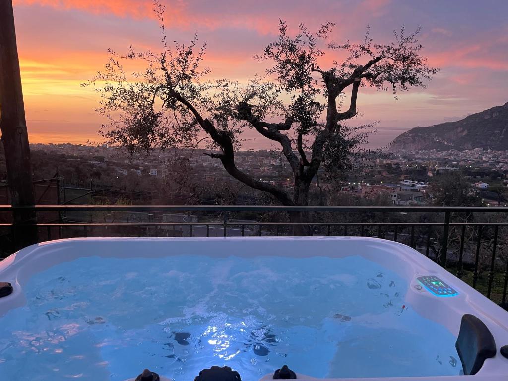 uma banheira de hidromassagem com vista para uma árvore em SKY VIEW Villa em Piano di Sorrento