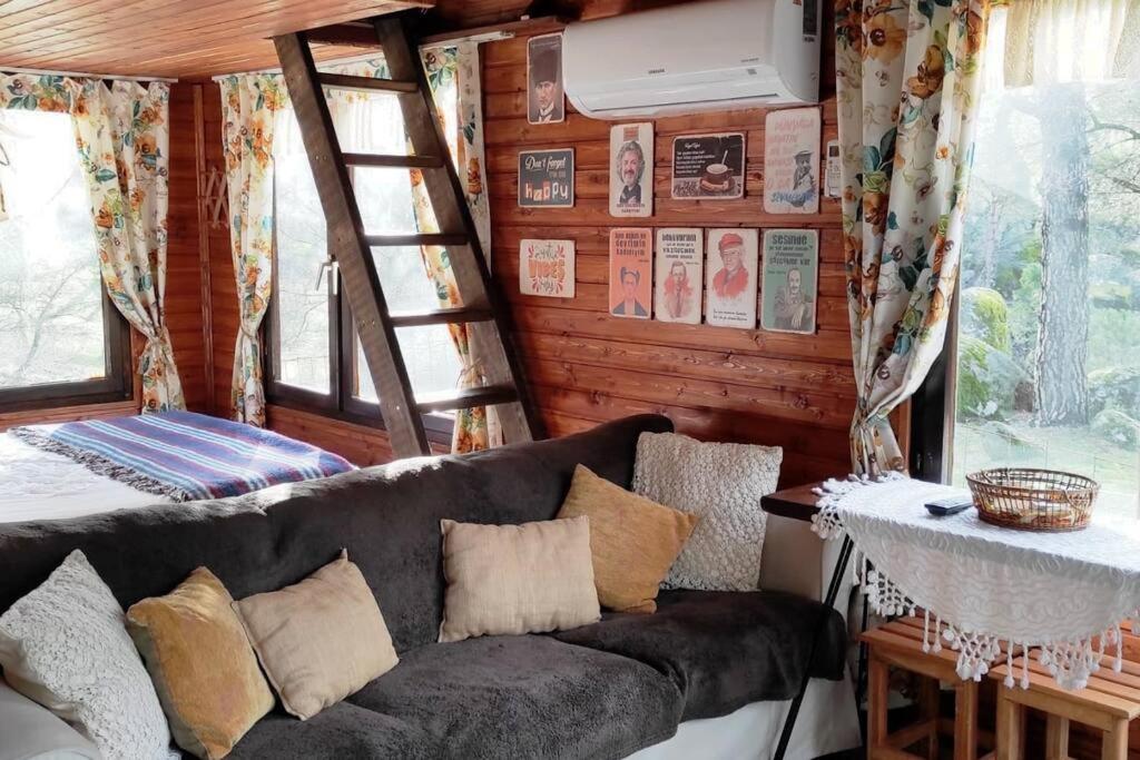 una sala de estar con sofá en una cabaña en Kozalak Bungalov Kozak Yaylası, en Çamoba