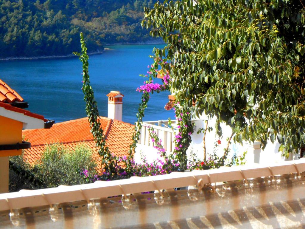 valla con flores y vistas al lago en Villa Luma Apartments en Labin