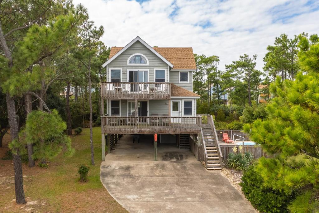 an aerial view of a house with a deck at Cherished Memories in Nags Head