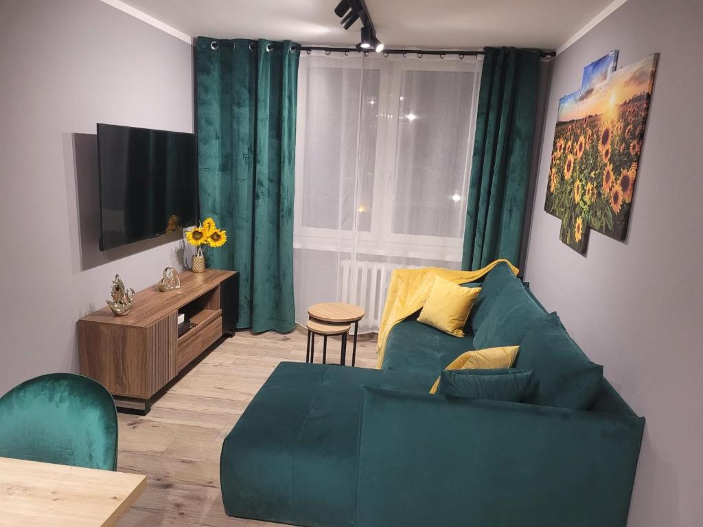 a living room with a green couch and a television at Apertment Wenus in Zabrze