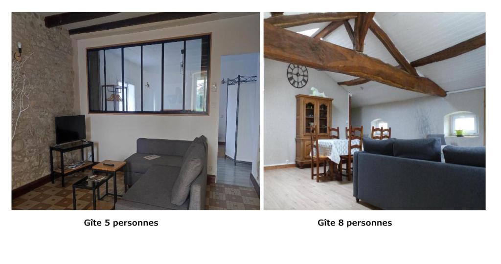 duas fotografias de uma sala de estar e de uma sala de jantar em 2 Gites proche Puy du fou em Mauléon