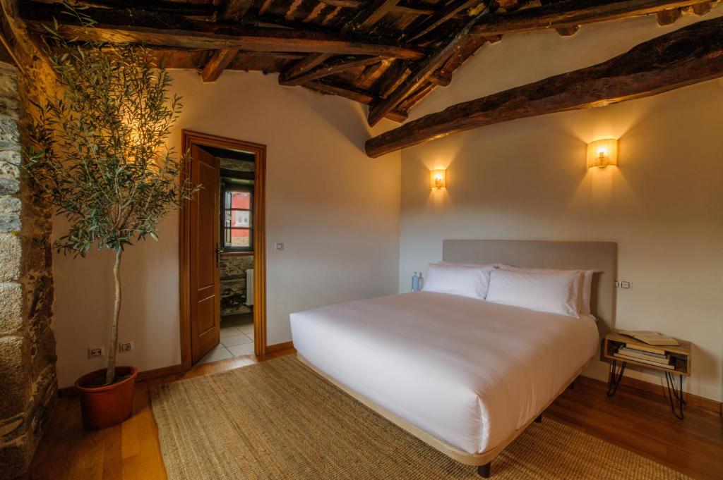 a bedroom with a large white bed and a plant at Casa Grande do Soxal in Cesuras