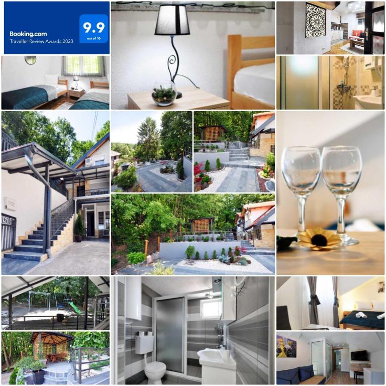 a collage of photos of homes with wine glasses at Stil Park Apartmani in Vrnjačka Banja