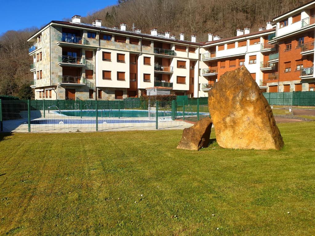 una gran roca sentada en la hierba en un campo en RECONQUISTA EL PARAISO, en Cangas de Onís