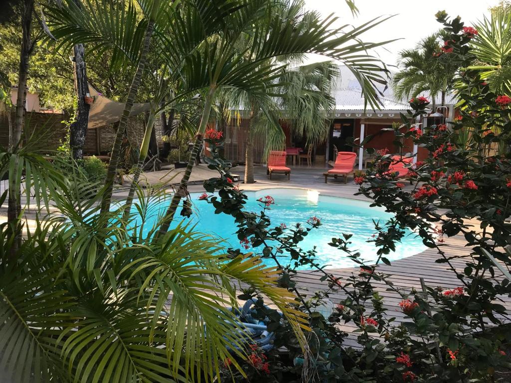 una piscina in un cortile con palme di Maison Saint Exupéry a Le François