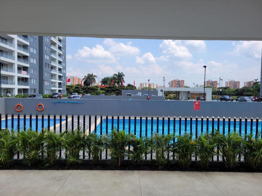 a large swimming pool with a blue fence and palm trees at Hermoso apartamento para estrenar en Valle de Lili in Nariño