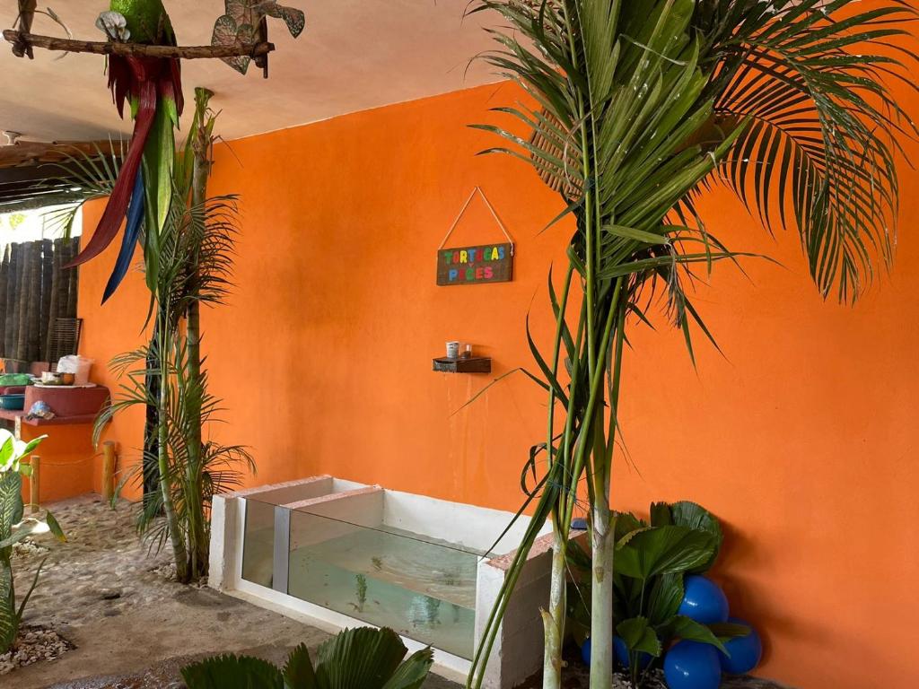 baño con pared de color naranja y bañera con plantas en Casa de Playa Coco'z, en Coyuca de Benítez