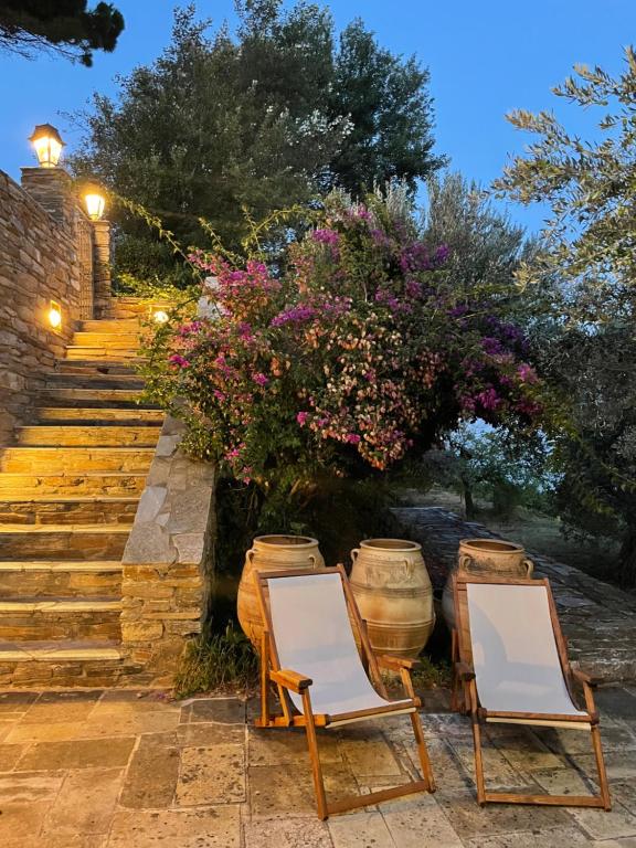 two chairs and flowers next to a set of stairs at The Blue Getaway - Next to Pithara Waterfalls in Andros