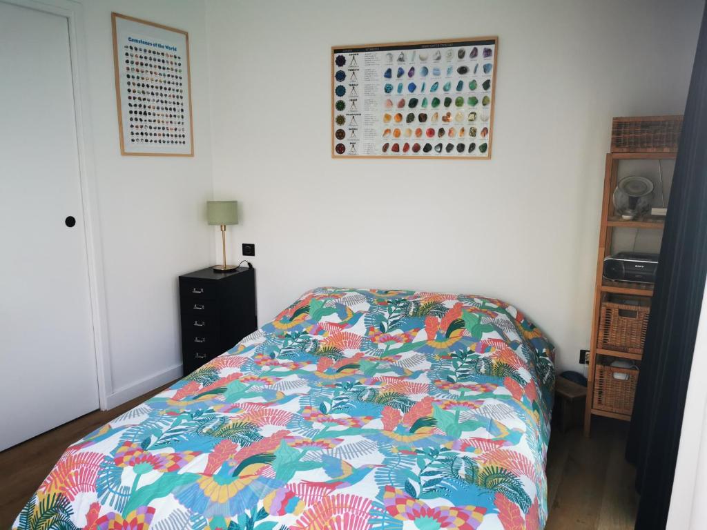 una camera da letto con un letto con una coperta colorata di Chambre meublée indépendante a Charbonnières-les-Bains
