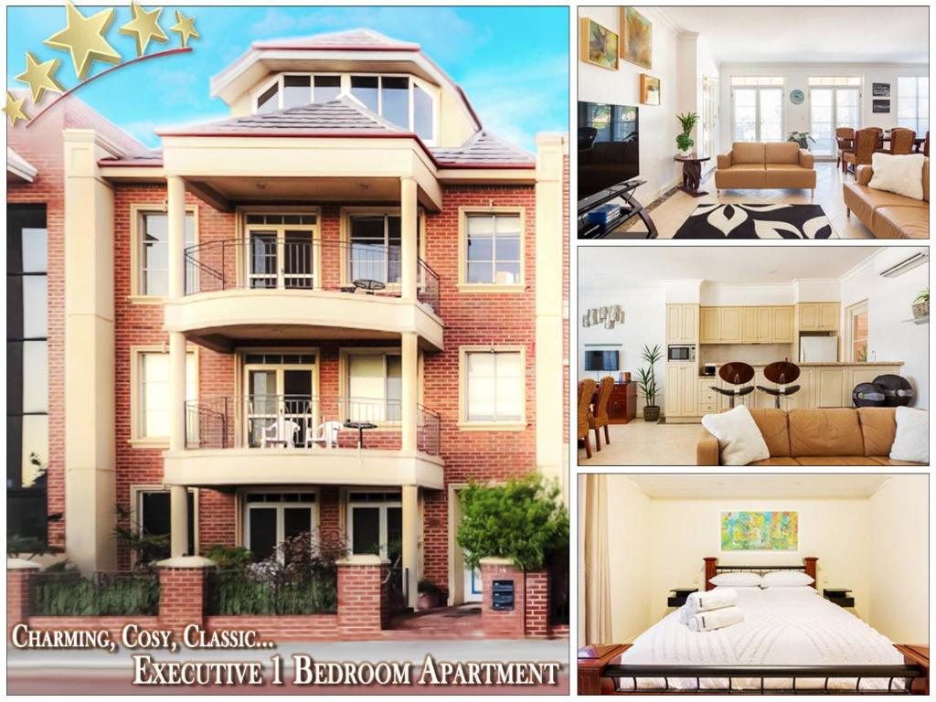 uma colagem de três imagens de uma casa em Charming, Cosy, Classic Executive 1 Bedroom Apartment em Perth