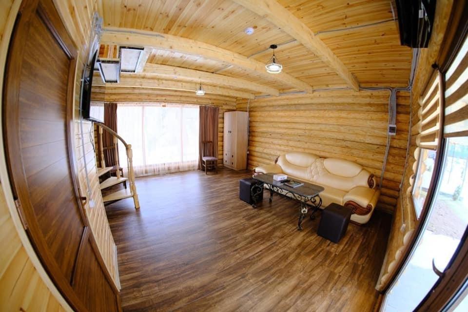 una vista aérea de una sala de estar en una cabaña de madera en Riverside Eco Resort, en Debed