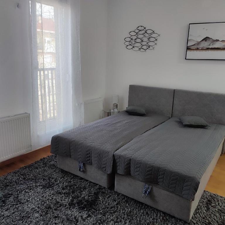 1 dormitorio con 1 cama grande y 1 alfombra en Centar Apartman FILIPOVSKI, en Novi Sad