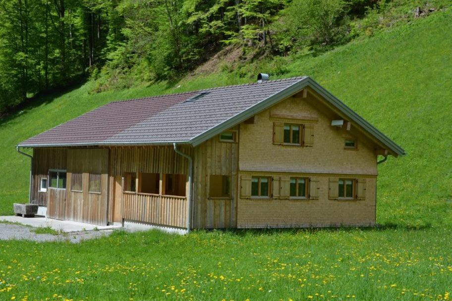 una pequeña casa de madera en un campo de hierba en Ferienhaus Rimsgrund en Bezau