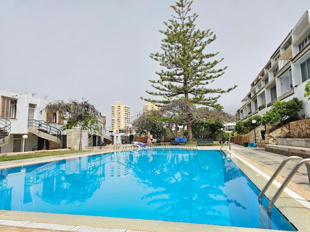 een groot blauw zwembad met een boom op de achtergrond bij HOLIDAYS BEACH & POOL ,AIRCOND , Las Americas in Arona