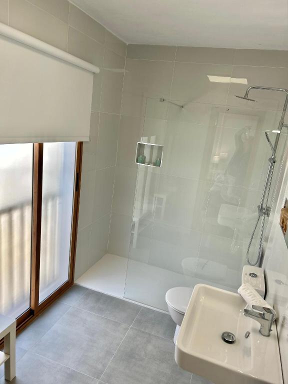 a bathroom with a shower and a toilet and a sink at Hostal Fornet Altea in Altea