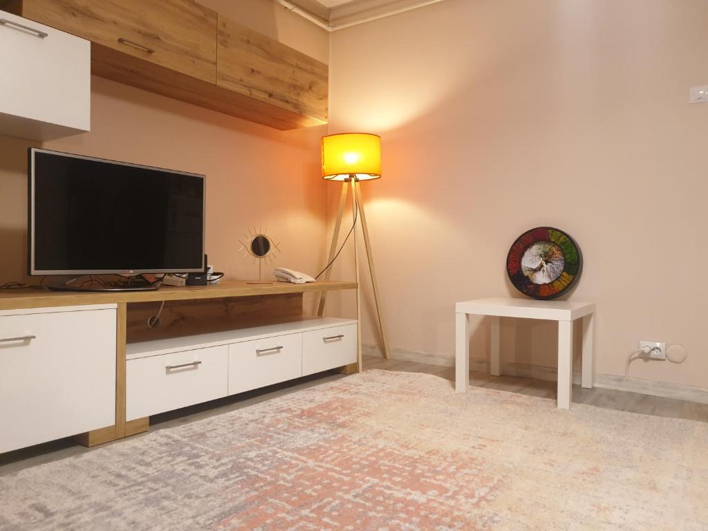 Il comprend un salon avec une télévision à écran plat et une lampe. dans l'établissement Olivia`s Studio - apartment Iasi, à Iaşi