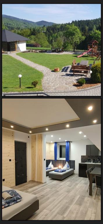 two pictures of a living room and a house at Pokoje Gościnne Tyrol in Zawoja