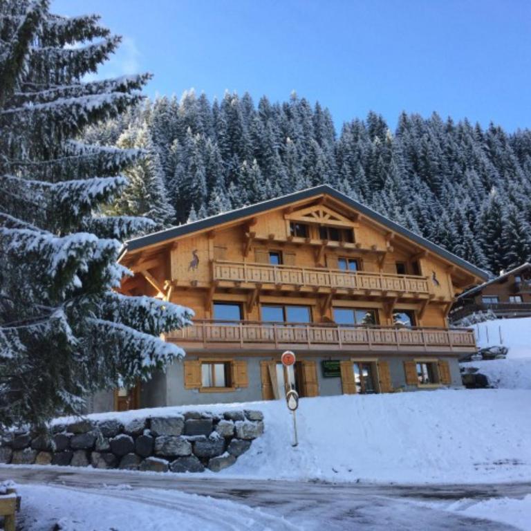 una gran casa de madera en la nieve con un árbol en Les Etoiles de Vonnes 2 en Châtel