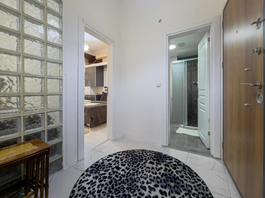 a hallway with a black and white rug on the floor at Taksim Hostel Green House Istanbul in Istanbul