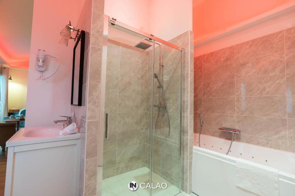 a bathroom with a shower with a glass door at Calao in Villars-les-Dombes