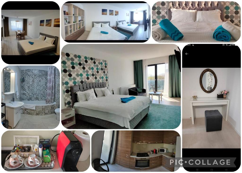 un collage de photos d'une chambre d'hôtel dans l'établissement DC Ghencea 158 Self Check-in, à Bucarest