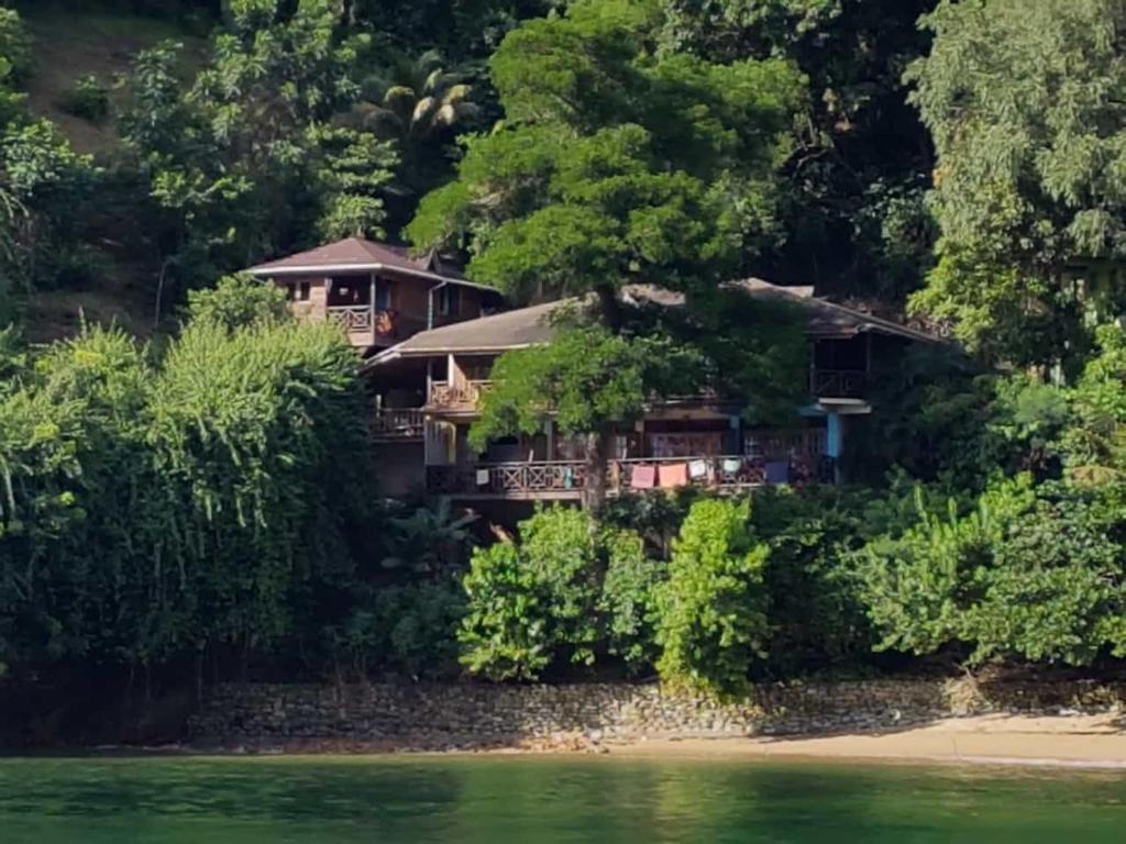 a house on the banks of a river at Alibabas Cottage in Castara
